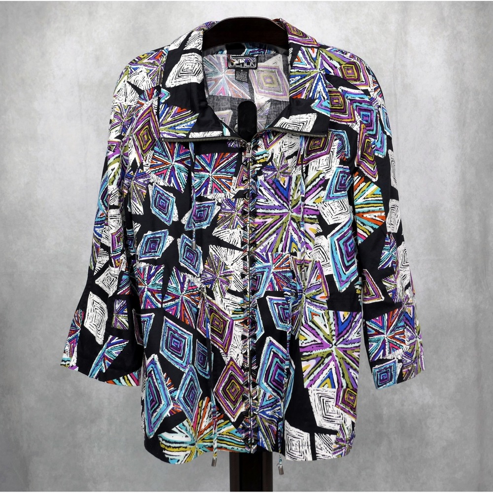 VTG Berek Geometric Abstract Beaded Zip Up Jacket Womens M Multicolor Cotton GEO